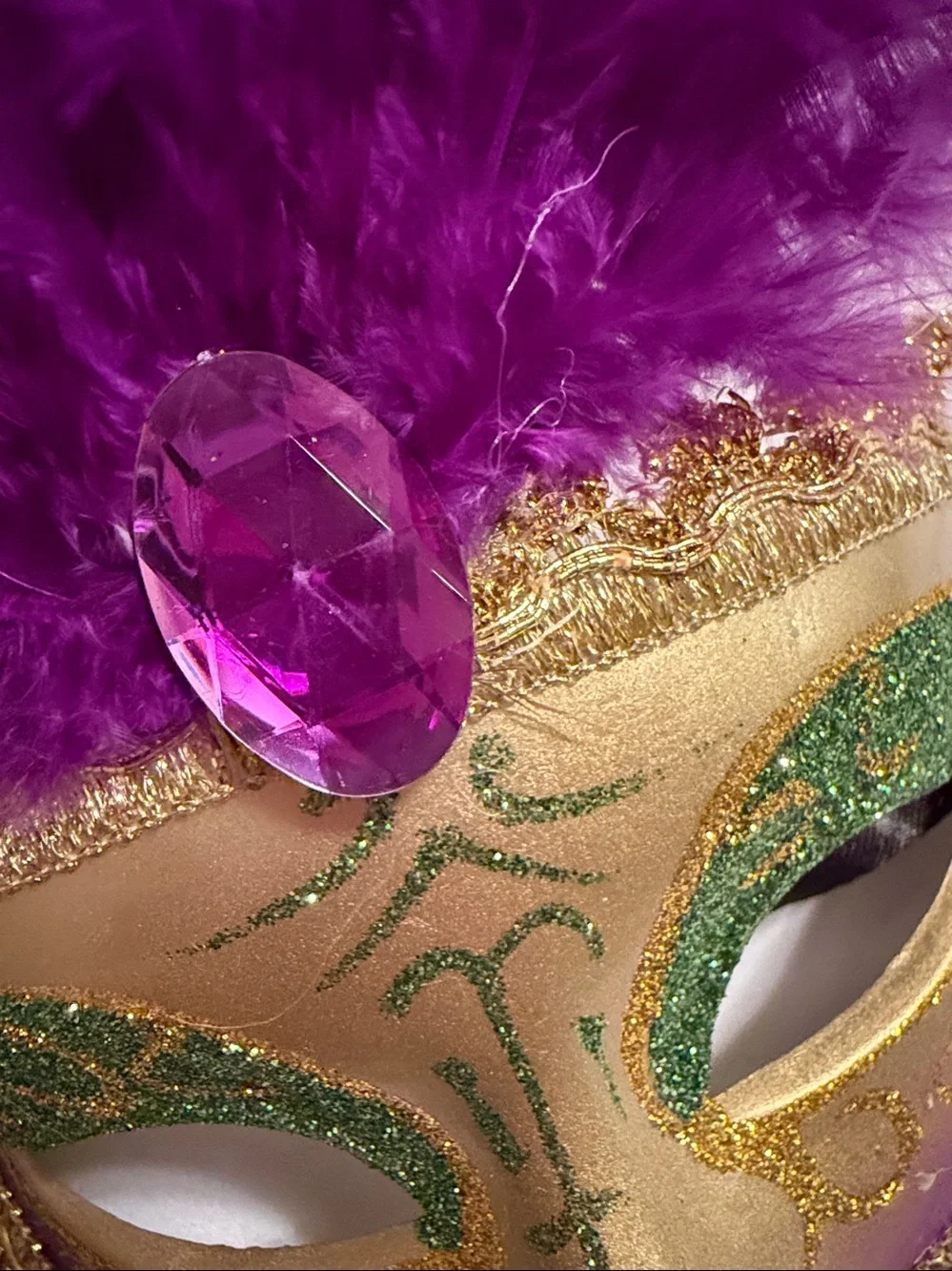Feathered Purple & Gold Mardi Gras Mask with Green Glitter Accents
